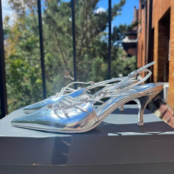 New Jeffrey Campbell Lash Slingback Heels Shoes Strappy Silver Size 8.5 - Picture 7 of 14